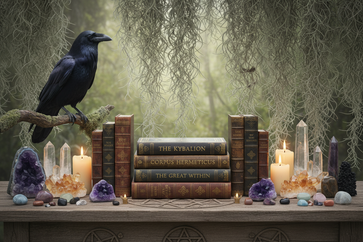 Create me a book collection featuring The Kybalion, Corpus Hermeticus, and The Great Within. Background to be in nature with spanish oak moss and a raven perched nearby with crystals and candles near the the stacks of books on the ends